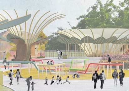Visualisation of a park with flowers and flower-shaped structures