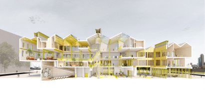 a visualisation of a building in tones of white and yellow