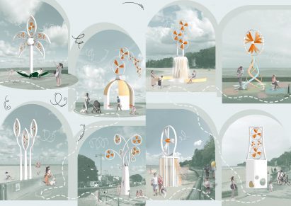 Various visualisations of wind turbines in seaside locations