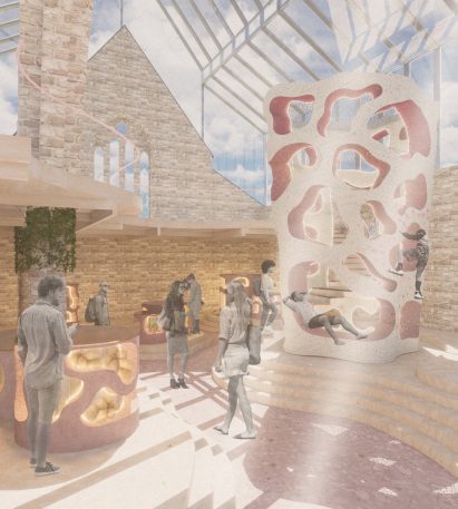 a visualisation of an indoor market in tones of beige