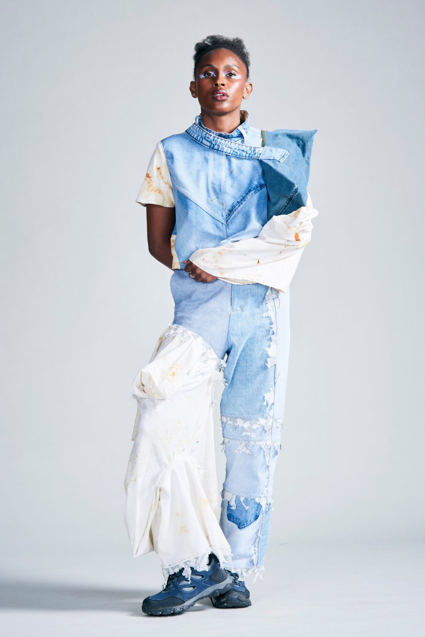 a photograph of a person wearing garments in tones of white and blue