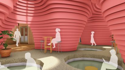 a visualisation of an interior in tones of red and brown