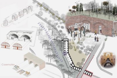 Presentation board showing design details and visualisations of a series of brick arches