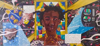 an illustration of person amongst tones of yellow and blue