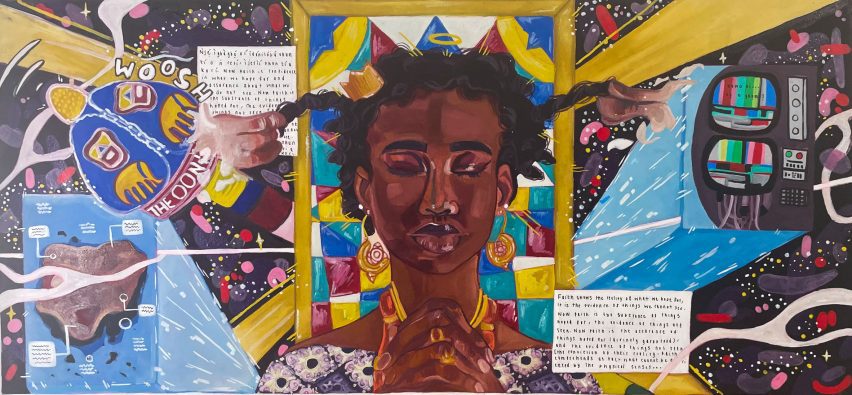 an illustration of person amongst tones of yellow and blue