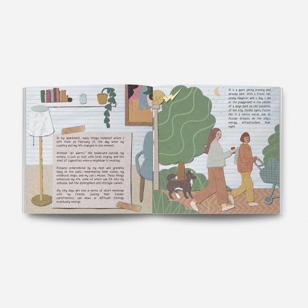 An open view of a book showing a cut-out collage overlaid with text