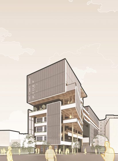a diagram of a building in tones of beige