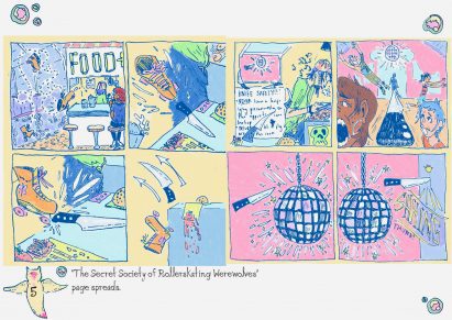 a series of illustrations in tones of yellow, pink and blue