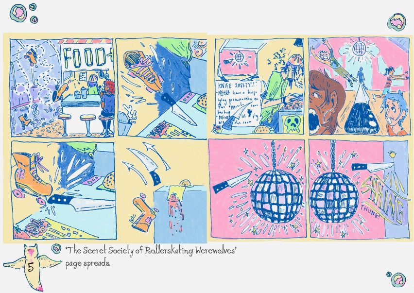 a series of illustrations in tones of yellow, pink and blue