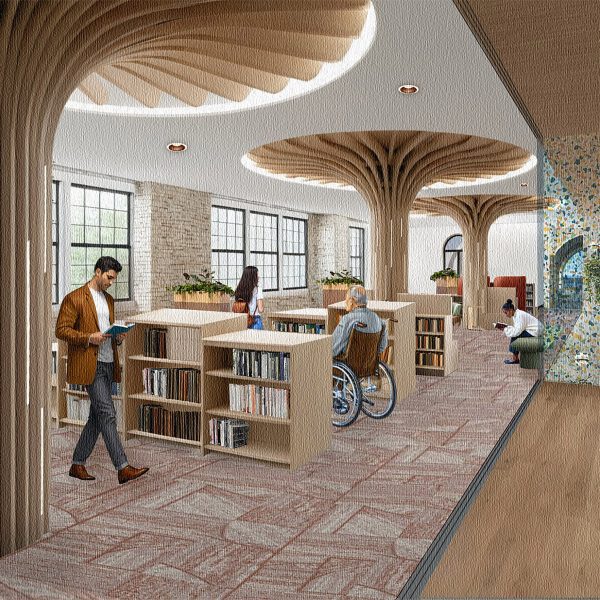 a visualisation of a library space in tones of beige