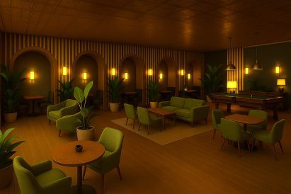 a visualisation of an interior in tones of brown