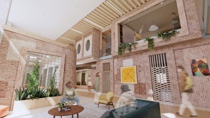 a visualisation of a brick interior with people walking through it