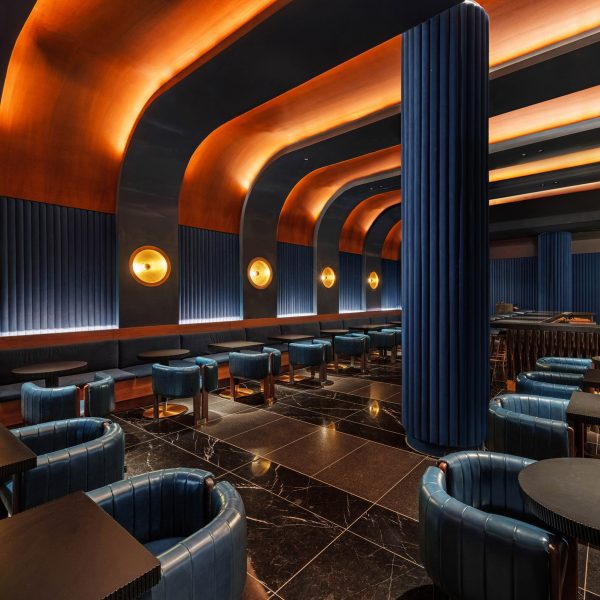 A room clad in a dark blue