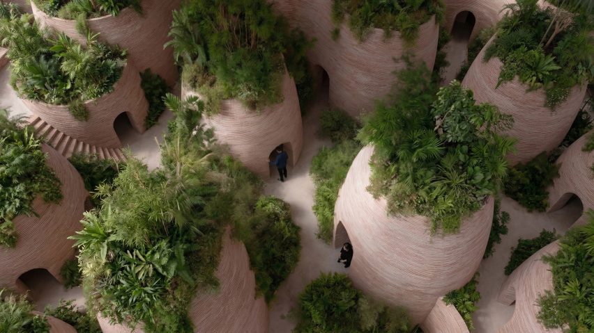 a birds eye view of circular brick buildings