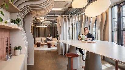 Interior of Autex showroom, with structured wave-like partitions