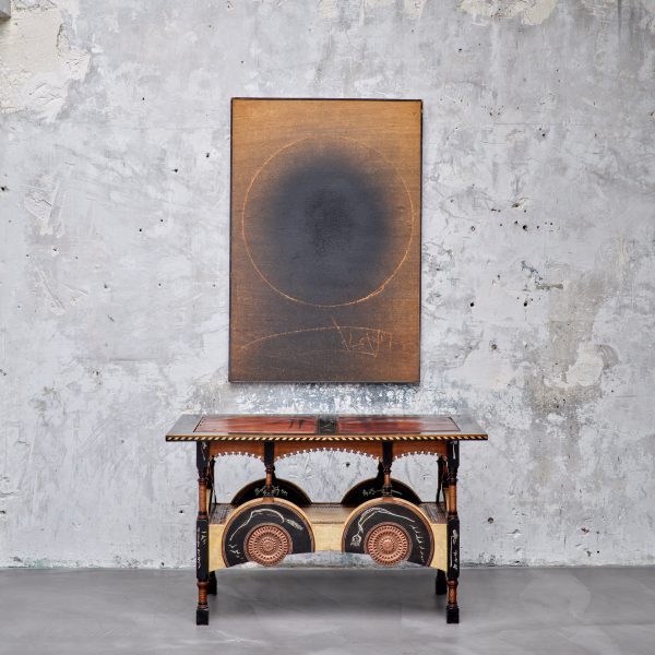 Carlo Bugatti's elaborate console table with bone inlay is among the pieces from Sceners Gallery