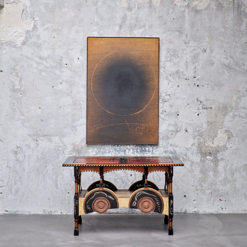 Carlo Bugatti's elaborate console table with bone inlay is among the pieces from Sceners Gallery
