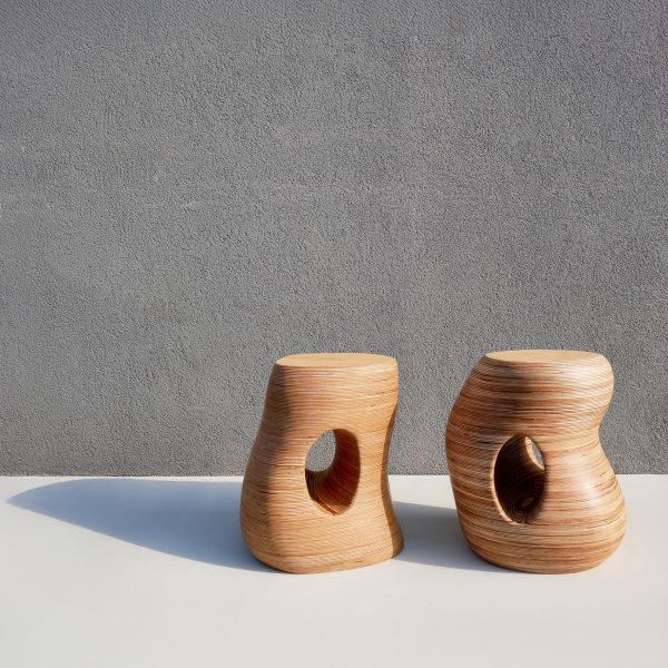 Photo of wooden, organic stools by David Samuel