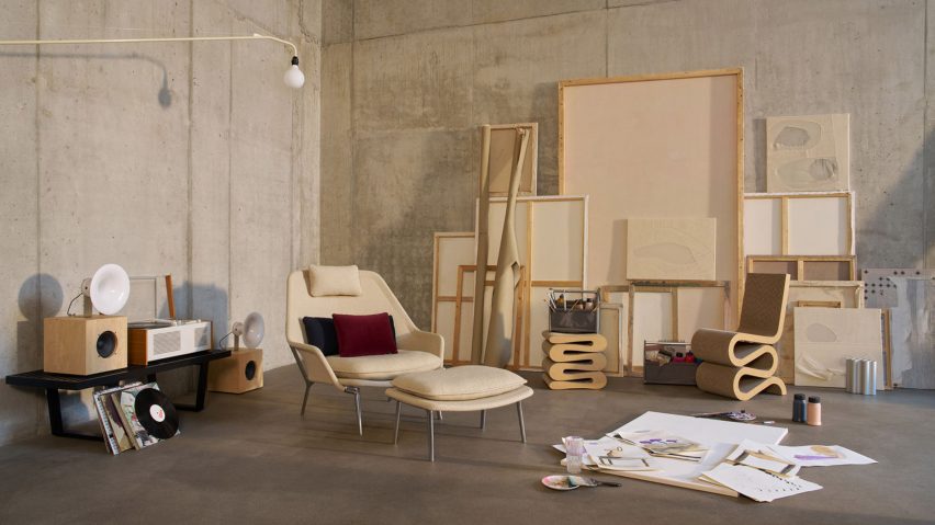 Photo of an art studio with a chair and foot rest
