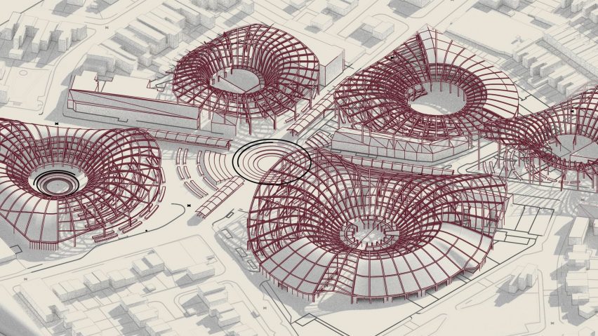 an image showing red circular buildings against a beige backdrop