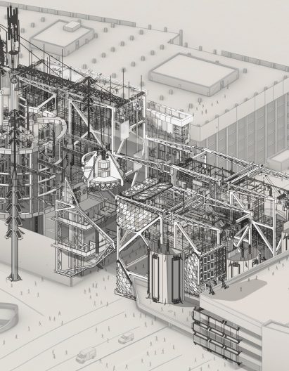 a diagram of a building in tones of grey and white