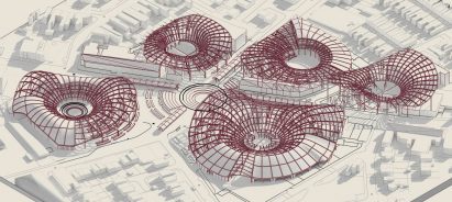 an image showing red circular buildings against a beige backdrop