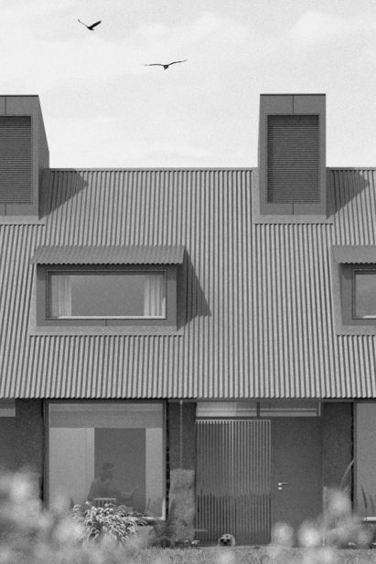 a visualisation of a building in tones of grey