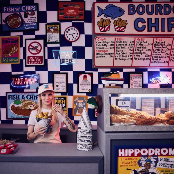 Artist Lucy Sparrow in felt chippy