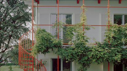 Red steelwork Bretscha house exterior Liechtenstein