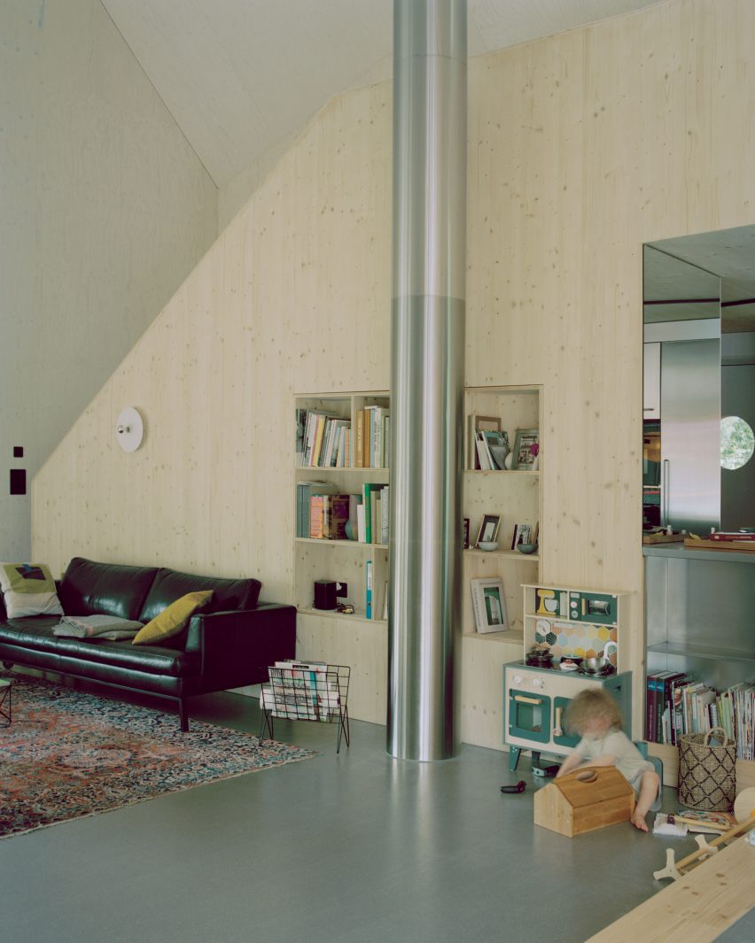Plywood mezzanine in living room of Liechtenstein house