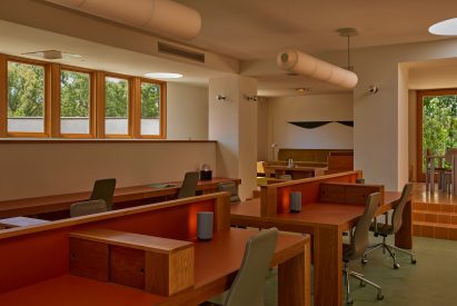 Office with workstations in a lowered area