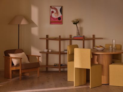Wooden shelf and yellow seats at Cloisters