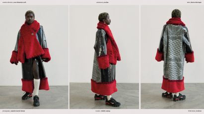 a series of three photographs of a person wearing a garment in tones of black and red