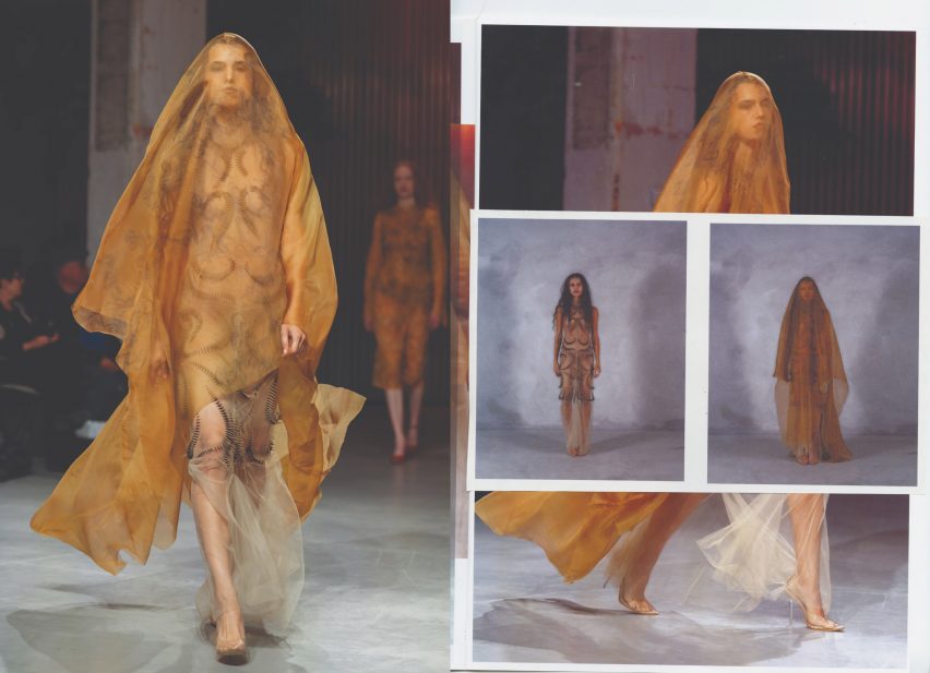 a series of photographs of a person wearing a golden garment over their head and body