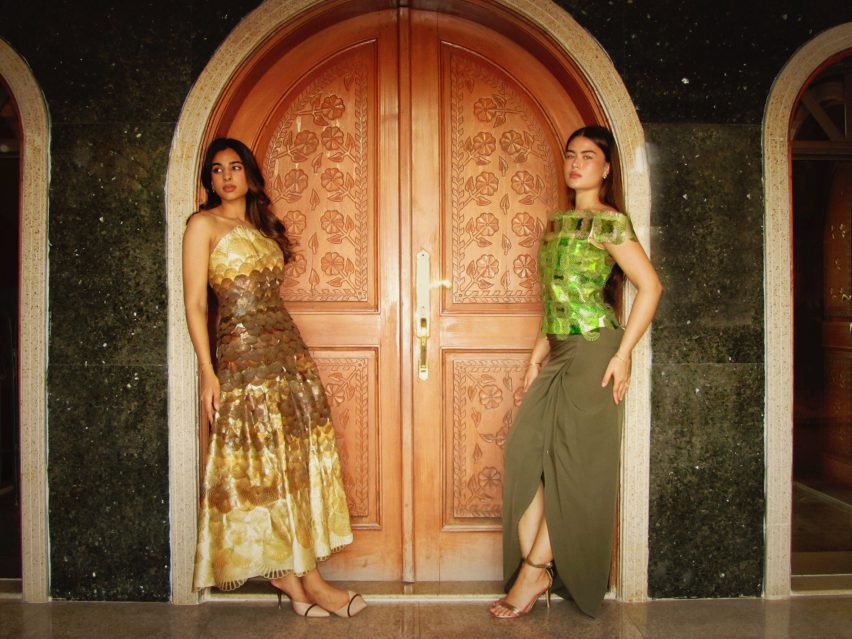 people wearing yellow and green garments in a doorframe
