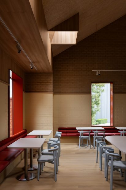 Blue chairs in school canteen
