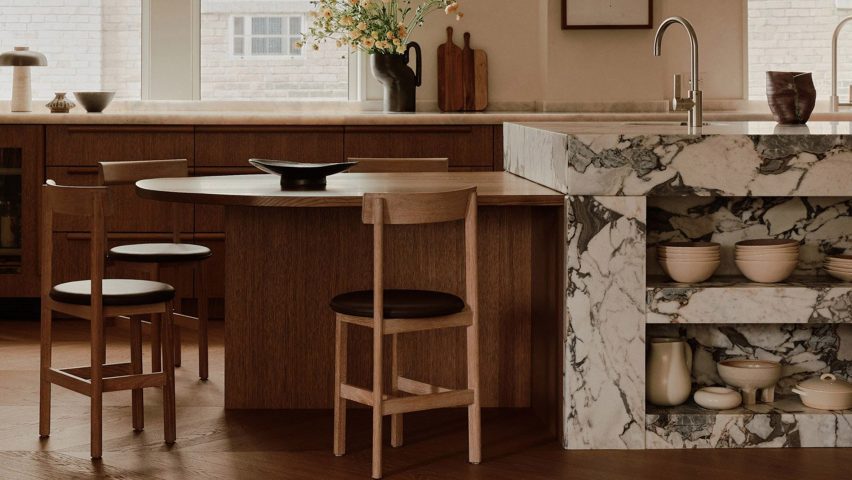 Interior with a marble kitchen island