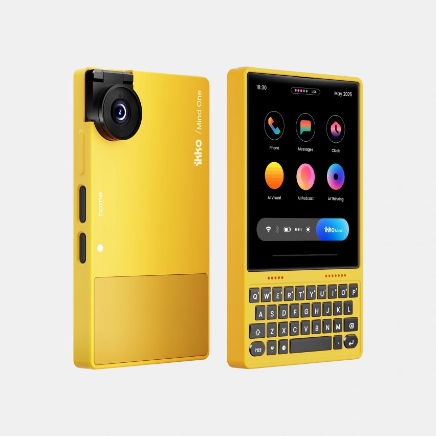 Rendering of the iKKO MindOne smartphone in a yellow expansion case showing the mechanical QWERTY keyboard