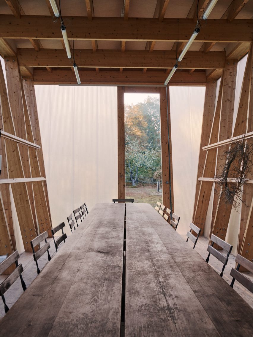 Interior of wooden pavilion in Sweden