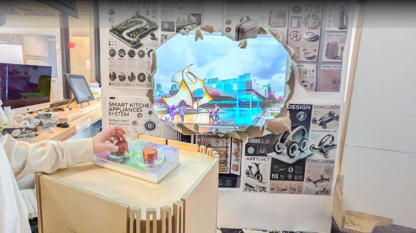 a photograph of a display of interactive design projects