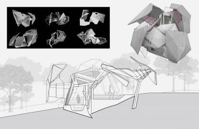 a photograph of an architectural model beside a drawing of it