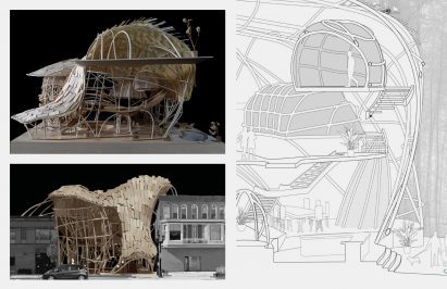 a photograph of an architectural model beside a drawing of it