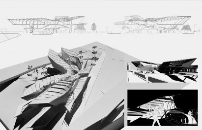 a photograph of an architectural model beside a drawing of it