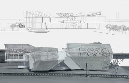 a photograph of an architectural model beside a drawing of it