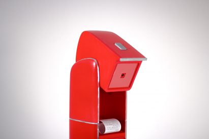 Head of red machine housing a webcam