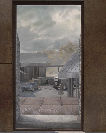a visualisation of a view out of window showing cars in a garage all in tones of grey