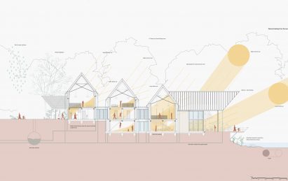 a diagram showing a design for a building in tones of pink, blue, white and yellow