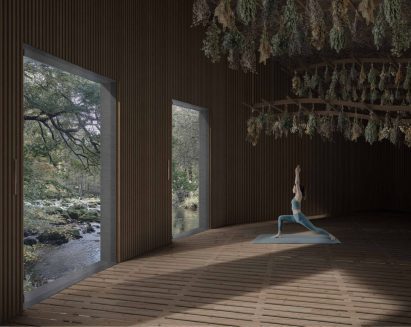a visualisation of a person doing yoga in a brown room and in front of a large window