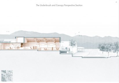 an image showing a design for a building in tones of blue, white, grey and brown