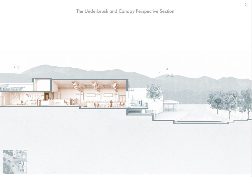 an image showing a design for a building in tones of blue, white, grey and brown